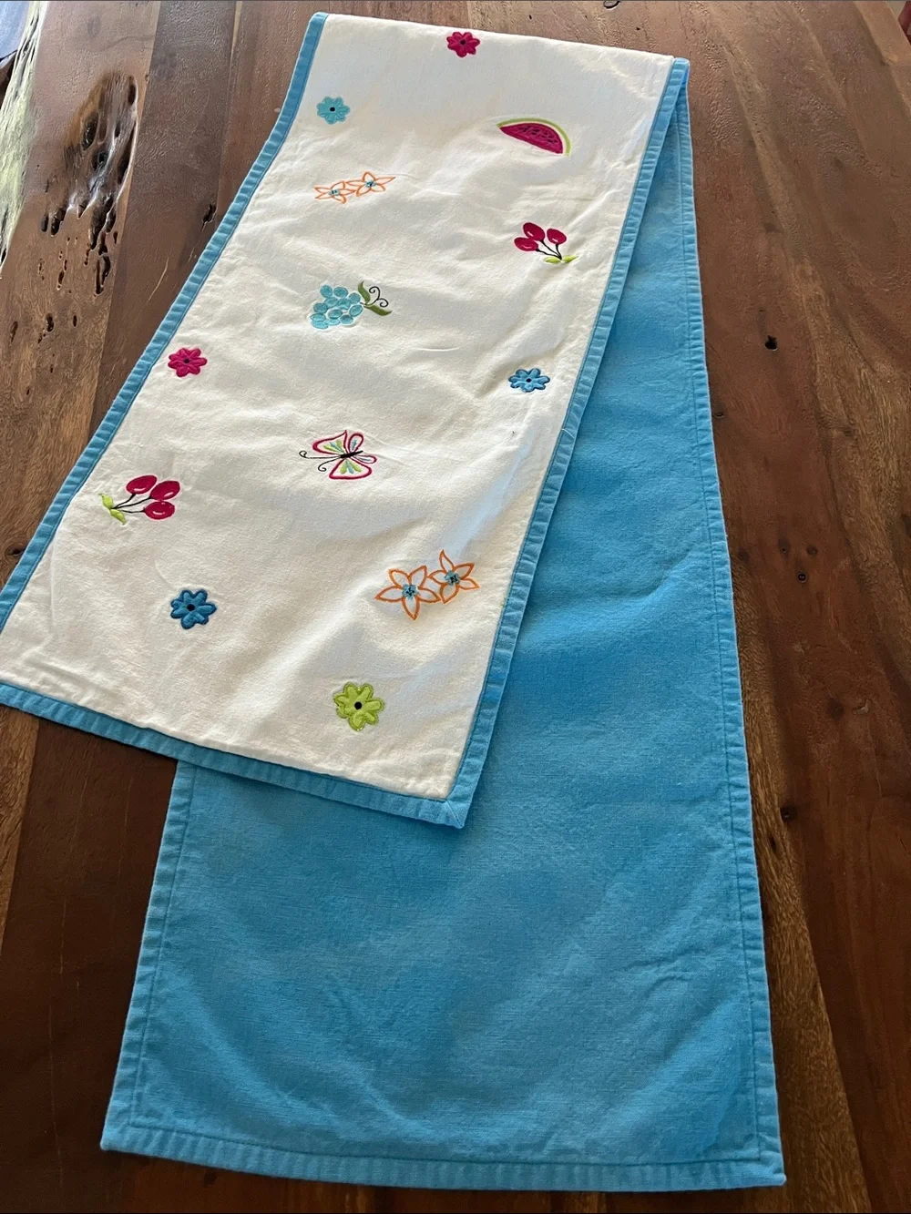 White Embroidered Floral Table Runner with Blue Trim
